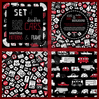 Set of two seamless patterns, background and frame on black background. Black, red and white colours.