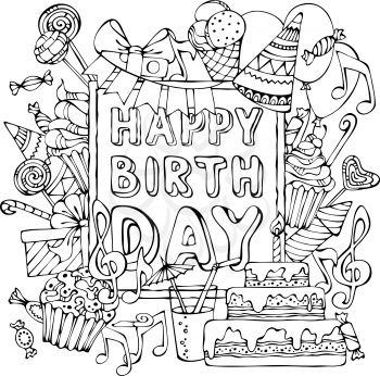 Hand-drawn festive outlines on white background. Birthday sweets, party blowouts, party hats, gift boxes and bows, garlands and balloons, music notes and firework, candles on bithday pie. You can plac