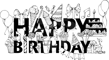 Hand-drawn doodles gift boxes, garlands and balloons, music notes, party blowouts, cakes and candies, birthday pie, party hats on congratulation HAPPY BIRTHDAY. 