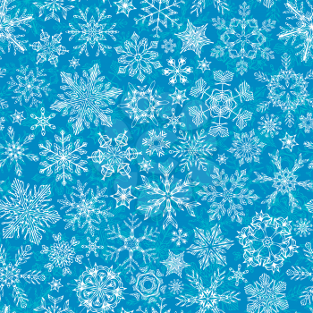 Hand-drawn snowflakes on blue background. Boundless texture can be used for web page backgrounds, wallpapers, wrapping papers, invitation, congratulations and festive designs. 