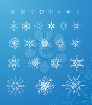 White ornate snowflakes on blue winter background. 