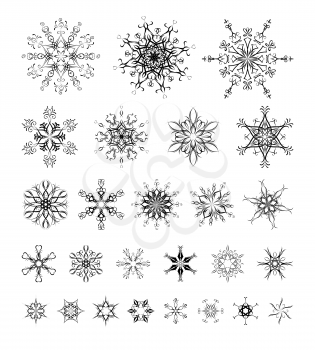26 various snowflakes and stars for your Christmas design. Black ornate snowflakes isolated on white background.