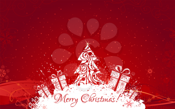 Hand-drawn Christmas tree, gifts, snowflakes on grunge background. There is copy space for your text. 