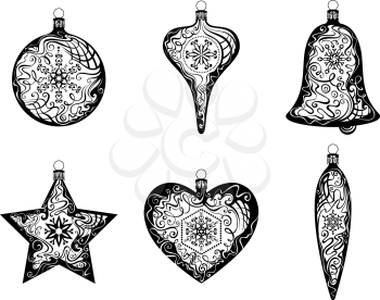 Christmas ball, star, heart, bell and icicle. Six various vintage decorations isolated on white background. Hand-drawn ornate illustrations. 