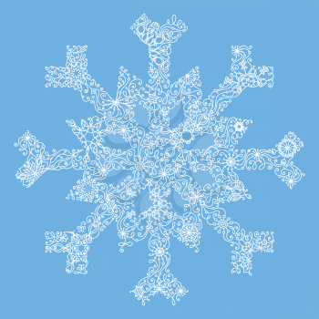 White vintage snowflake on blue background. Ornate hand-drawn illustration.