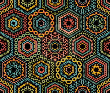 Vector high detailed stitches. Colourful embroidered hexagons on black background. Ethnic textile boundless background. 