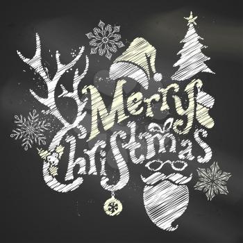 Hand-written text, holly berry, fir, Christmas ball, antlers of a deer, bow, Santa sock, Santa hat, Santa beard and glasses on blackboard background. 