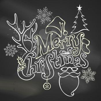 Christmas ball, hand-written text, holly berry, fir, antlers of a deer, bow, Santa sock, Santa hat, Santa beard and glasses. Chalk outlined objects on blackboard background. 