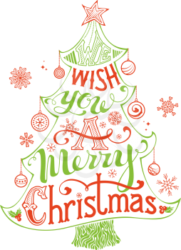 We Wish You a Merry Christmas. Hand-written text, holly berry, Christmas balls, snowflakes, star on the top of Christmas tree. Green and red duotone illustration. Isolated on white background.