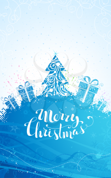 Ornate Christmas tree and gifts on bright background. There is copy space for your text on the top and at the foot of the page. 