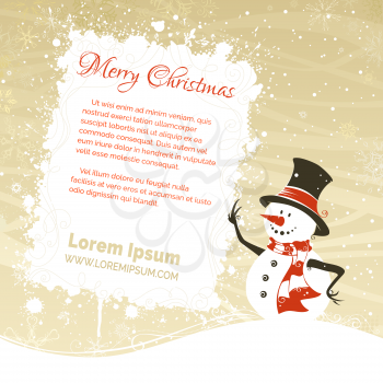 Snowman winter scene with copy space for your text. Grunge vector illustration.