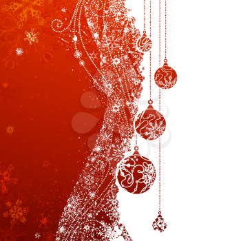 Grunge vector background with snowflakes, Christmas balls and decorations. There is copy space for your text on red and white areas. 