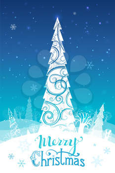 Hand-written text, ornate Christmas tree, snowflakes, blue winter landscape. There are places for your text on white area and in the sky.