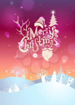 Merry Christmas sunset background. Hand-written text, Santa sock, hat and beard and glasses, holly berry, fir, snowflakes, Christmas ball, antlers of a deer, trees on bright sunset winter landscape.