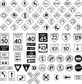 Hand-drawn traffic sign icons in the United States isolated on white background.