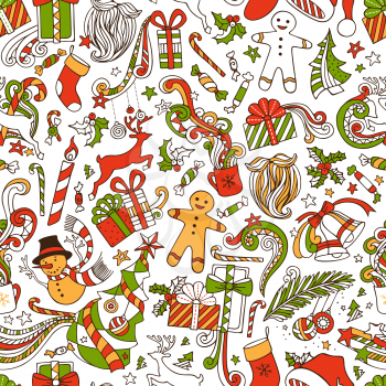 Seamless hand-drawn pattern. Christmas tree and baubles, Santa sock, Santa hat, Santa beard, mistletoe, gifts, candy canes, snowman, swirls, gingerbread man, deer, bells and ribbons, stars, cup, candl