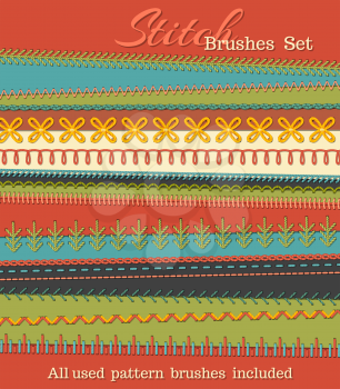 Sewing design elements, seams, textile borders, decorations and dividers on textile background. All used pattern brushes included.