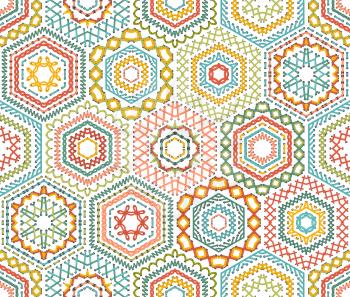 Vector high detailed stitches. Colourful ethnic textile boundless background. 