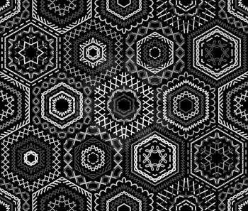 Ethnic textile boundless background. Vector high detailed stitches. White embroidered hexagons on black background. 