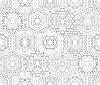 Vector high detailed stitches. Ethnic textile hexagons boundless background. 