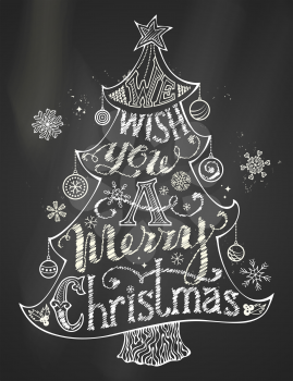 Chalk Merry Christmas Lettering in Christmas Tree Silhouette on blackboard background. Hand-written text, holly berry, Christmas balls, snowflakes, star on the top of Christmas tree. Black and white i