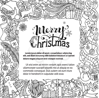 Christmas tree and Christmas balls, gifts and bows, snowman, gingerbread man, deer, bells and ribbons, stars, cup, candle, Santa sock, Santa hat, Santa beard and glasses, holly berries, hand-written t