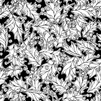 Black and white holly berries and leaves Christmas decoration. Boundless background can be used for web page backgrounds, wallpapers, wrapping papers, invitation and congratulations. 