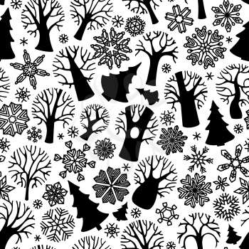 Black silhouettes of deciduous trees, firs and snowflakes on white background.  Boundless texture can be used for web page backgrounds, wallpapers, wrapping papers, invitation and congratulations. 