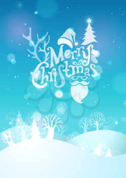 Hand-written text, Santa sock, Santa hat, Santa beard and glasses, holly berry, fir, snowflakes, Christmas ball, bow, antlers of a deer, blue winter landscape.