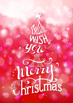 Merry Christmas Lettering on defocus background. Hand-written text with ornamental elements, snowflakes, star on the top. Bright red background.