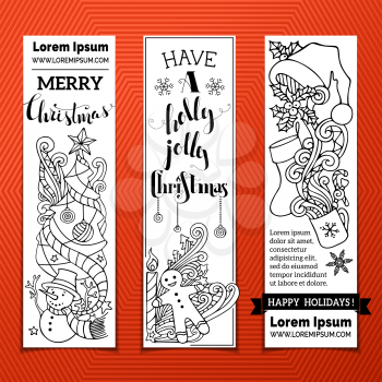 Three vertical templates for your festive design. Christmas decorations and hand-lettering. There are places for your text on white area. Christmas tree and baubles, snowman and gingerbread man.