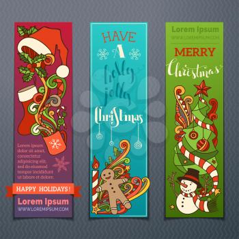 Three vertical templates for your festive design. Christmas decorations and hand-lettering. There are places for your text. Christmas tree and baubles, snowman and gingerbread man.