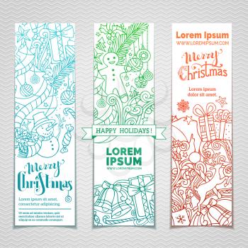 Three vertical templates for your festive design. Christmas outlined decorations and hand-lettering. There are places for your text. 