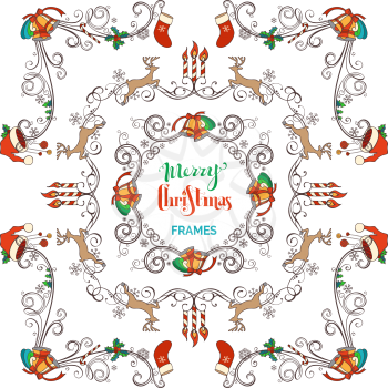 Vector calligraphic design elements for your holiday layout. Santa socks and hats, bells, deers, candy canes, holly berries and candles, callygraphic swirls. 