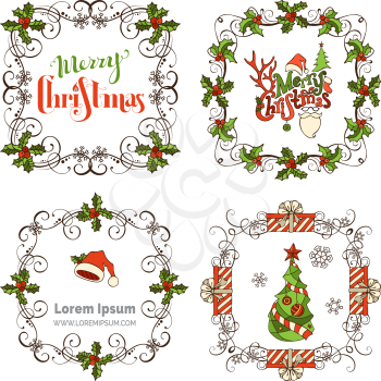 Ornate Christmas page decorations. Christmas tree and baubles, gifts, Santa hats, holly berries and snowflakes, hand-written lettering. There is place for your text.