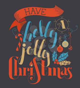 Flat hand-written lettering, candy cane, Christmas baubles, ribbon and holly berry on dark background. Red, blue, dark grey and gold illustration.