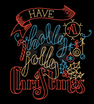 Outline hand-written lettering, Christmas baubles, ribbon, candy cane and holly berry on black background. 