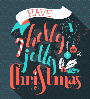 Flat hand-written lettering with long shadow. Candy cane, Christmas baubles, ribbon and holly berry. Red, blue and white illustration.