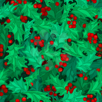 Cartoon holly leaves and berries decoration. Boundless background can be used for web page backgrounds, wallpapers, wrapping papers, invitation and congratulations. 