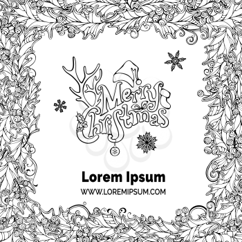 Vector holly berries black and white background. There is place for your text on white background in the center.