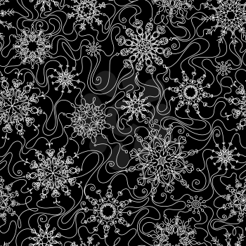 Ornate linear snowflakes. Black and white illustration. Boundless texture can be used for web page backgrounds, wallpapers, wrapping papers, invitation, congratulations and festive designs. 