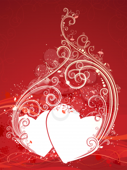 Two interlaced hearts on grunge red background. Floral ornament. Vintage flourishes. There is place for your text.
