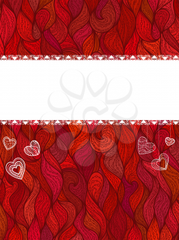 Ornate red background with abstract vertical waves and doodle hearts. There is blank white stripe with lace borders for your text. 
