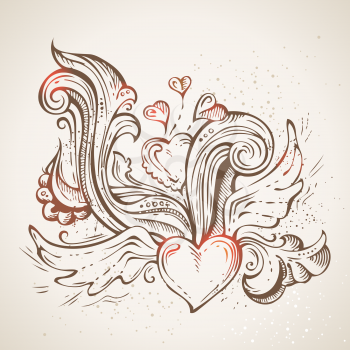 Ornate pencil flourishes on old paper background. Valentine's or wedding template.