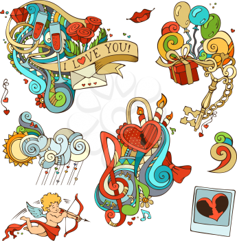 Cupid, balloons, gift, music notes, clouds, sun, key and lock, chain, kiss,  letter, ribbon, ring, glass of wine, swirls.