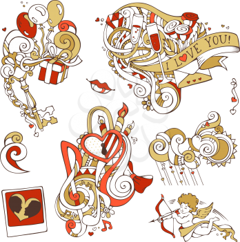 Gold and red. Cupid, balloons, gift, music notes, clouds, sun, key and lock, chain, kiss, ribbon, ring, glass of wine, swirls.