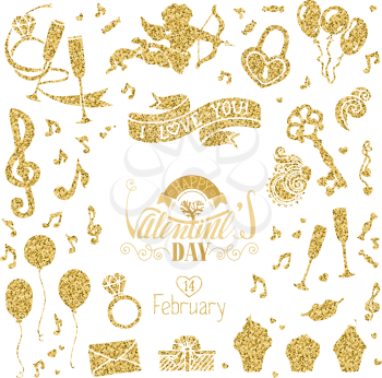 Cupid, music notes, key and lock, ring, kiss, gift, ribbon, hand-drawn lettering and other objects. Isolated on white background.