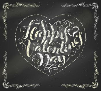 Hand-written chalk text in shape of heart. Sketch grunge chalk lettering on blackboard background. Vintage flourishes and square decorative corners.