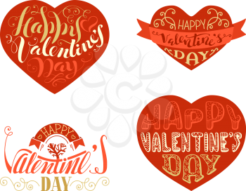 Vector set of hand-written red and gold love badges. Romantic phrases in shape of hearts, ribbons and flourishes. Isolated on white background. Hand-writen lettering.