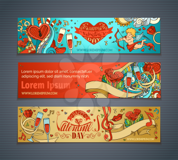Set of colourful cartoon romantic banners. Cupid, hearts, music notes, gift, balloons, ribbon, ring, roses, lock and key, hand-written lettering. Vector web templates.